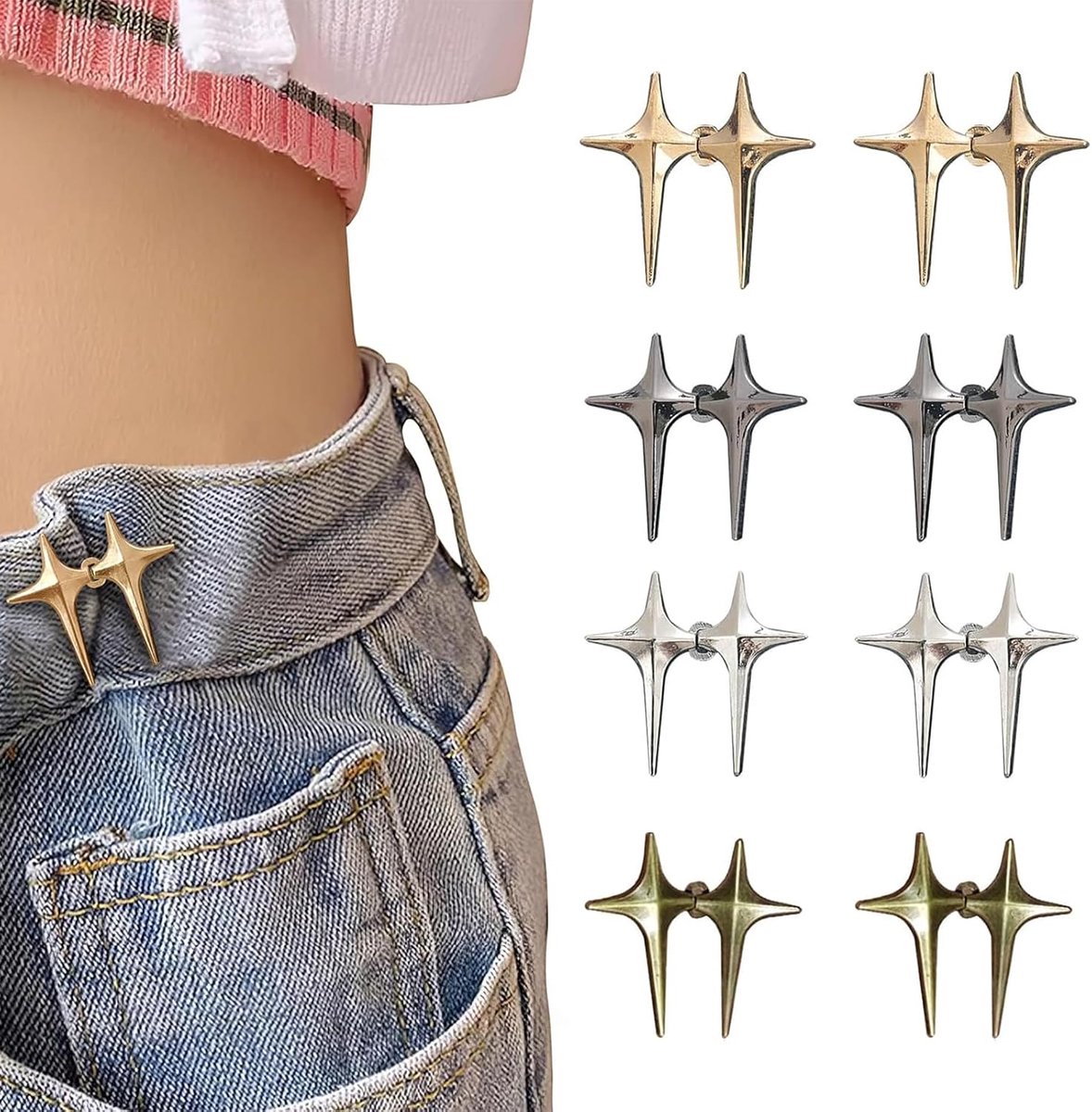8 stuks spijkerbroekknopclips, broek smaller makende clips – Verstelbare en naadloze taille smaller maker, broekbandclip met sterontwerp voor spijkerbroeken en broeken