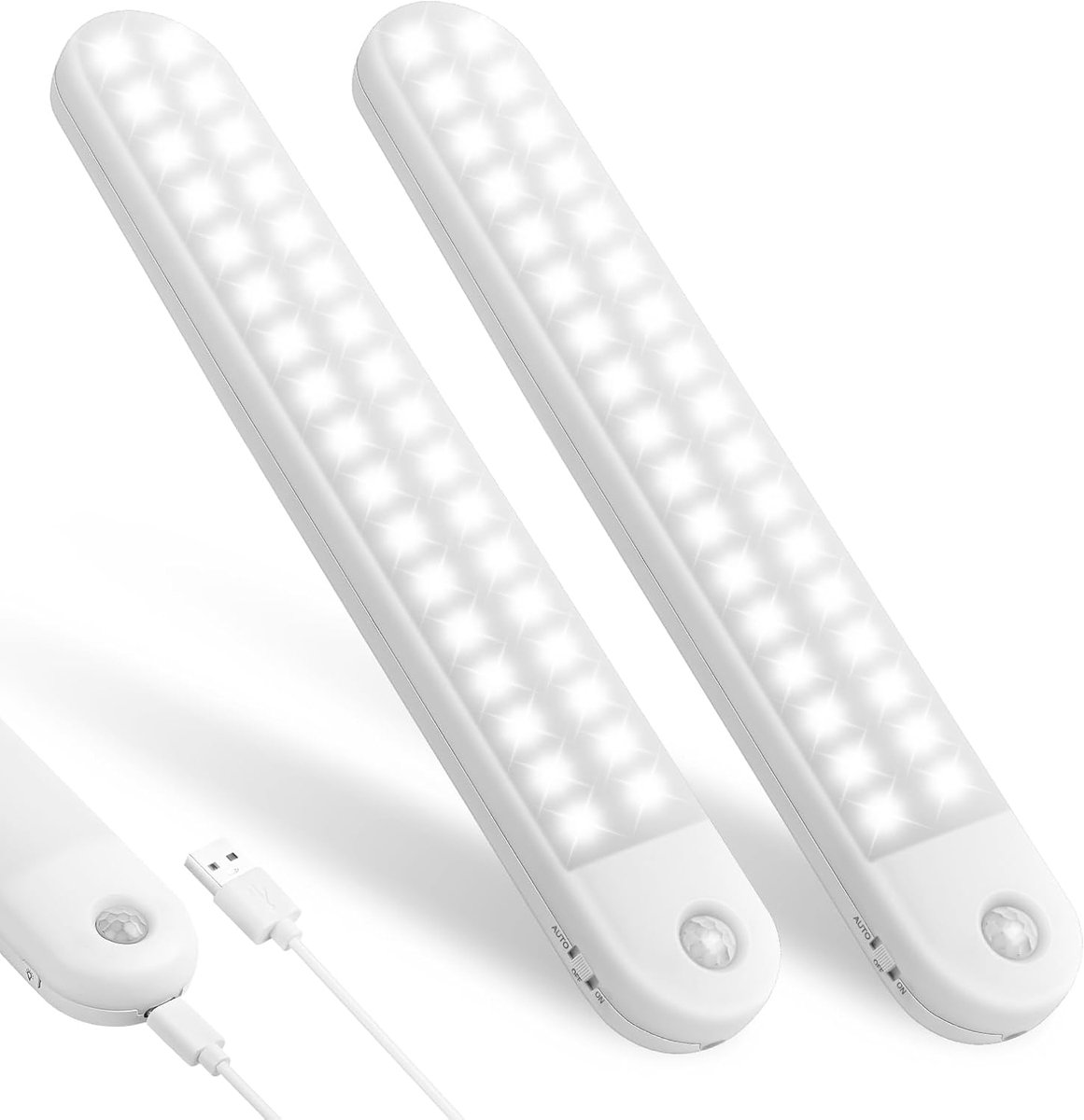 LED-Kastverlichting,2pcs Bewegingsmelder Kastverlichting, USB Oplaadbare Batterij Nachtlampje Kastverlichting, met Magnetische Strip voor Kledingkast, Kast, Trappen