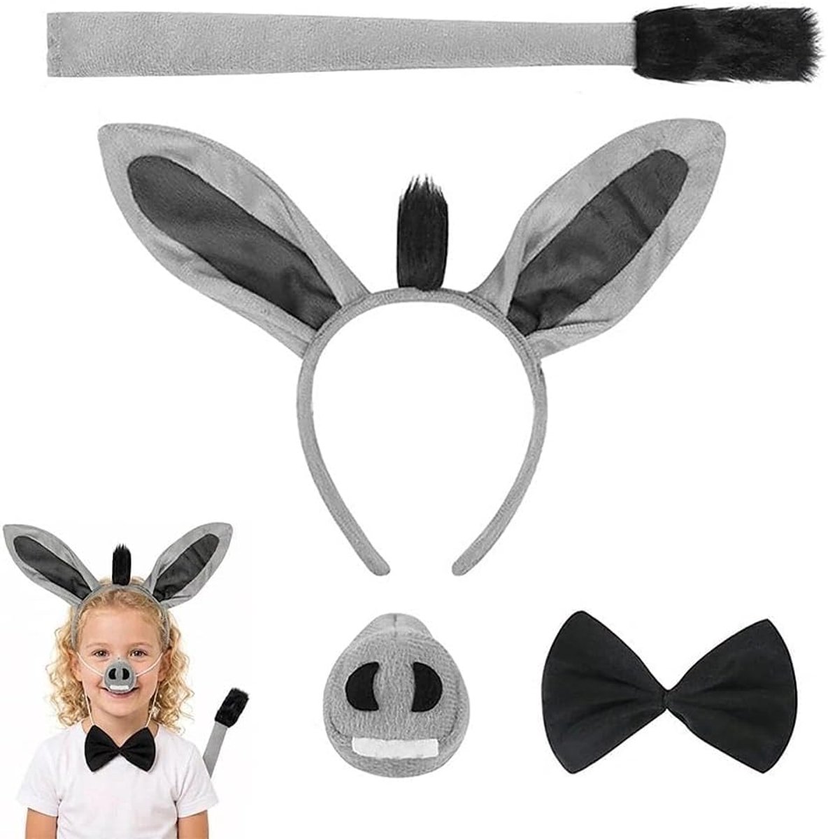 4 stuks ezelsoren hoofdband, vlinderdas, neus en staart set - grappig ezeldier kostuum accessoire voor Halloween, carnaval, cosplay themafeest voor tieners, vrouwen en volwassenen
