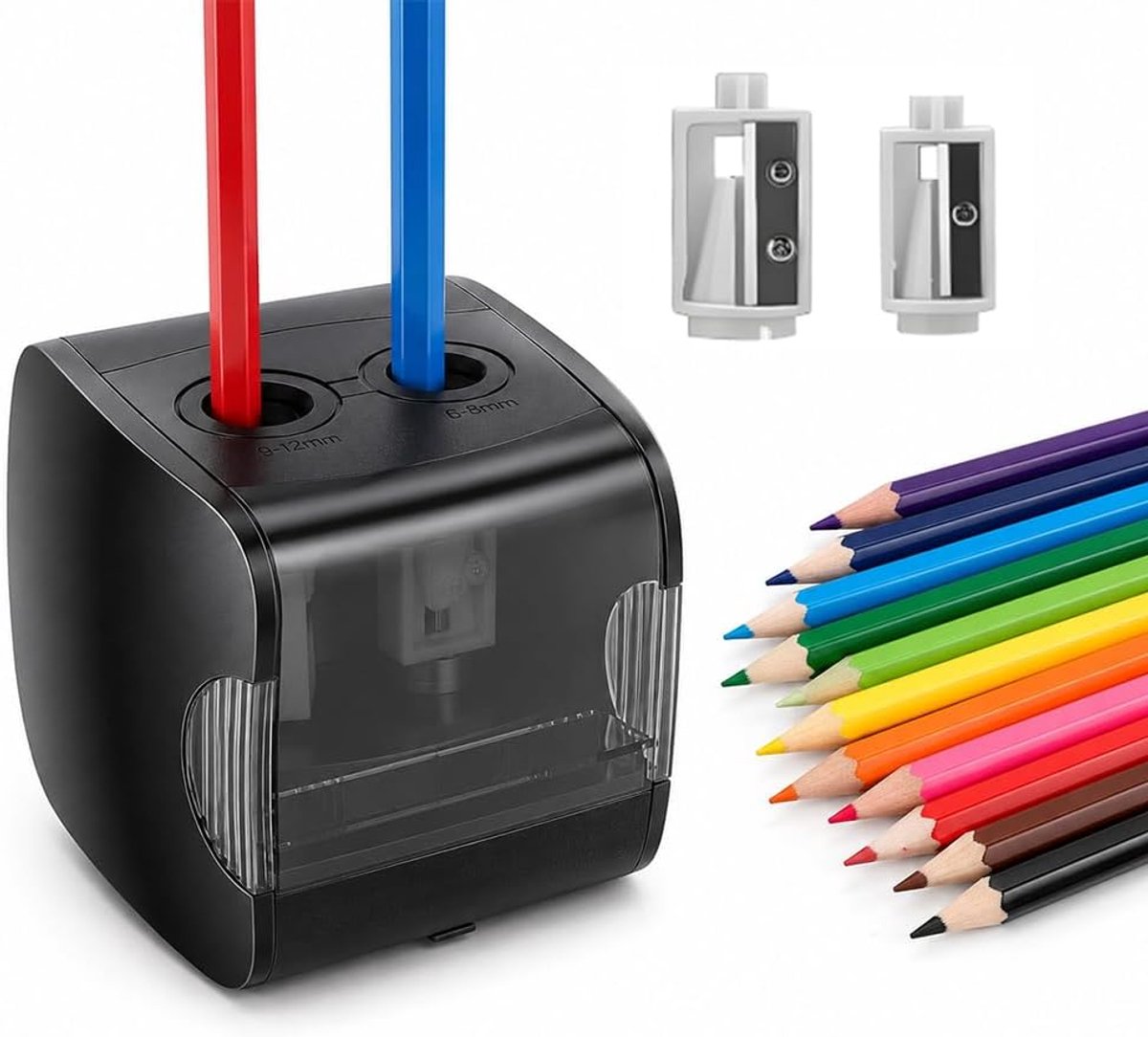 Puntenslijper, elektrische puntenslijper, dikke en dunne stiften, elektrische puntenslijper voor 6-8 mm en 9-12 mm, USB-puntenslijper voor scholen, huishoudens en kantoren