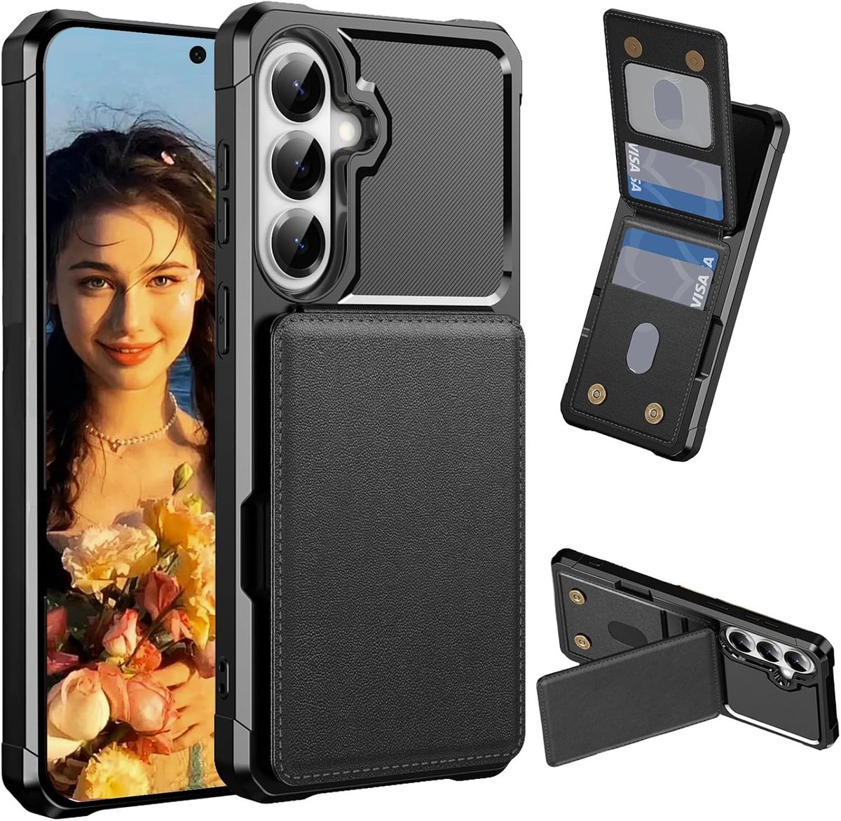 Hoesje voor Samsung Galaxy A57 5G ZM Zwart | PU lederen flip case met kaarthouder & Standaard, Schokbestendige Beschermhoes met magnetische sluiting voor Samsung A57 5G