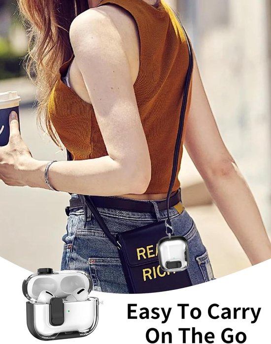 Hoes voor AirPods Pro 3/Pro3 oordopjes, zachte TPU + PC transparante cover, met beugelfunctie, waterdicht, schokbestendig, eenvoudig te dragen, met koord, sleutelhanger en reinigingsset, zwart — afbeelding 3