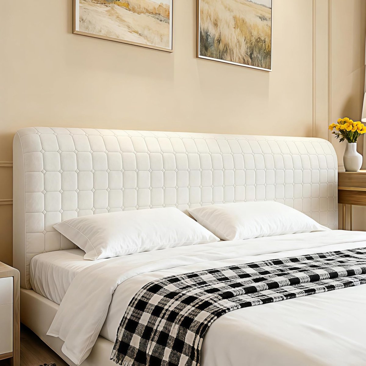Beschermhoes voor het hoofdbord van het bed, kleine vierkanten, overtrek, zachte dikke fluwelen stof, overtrek voor slaapkamer, hoofdbord, crèmekleurig, 200 cm