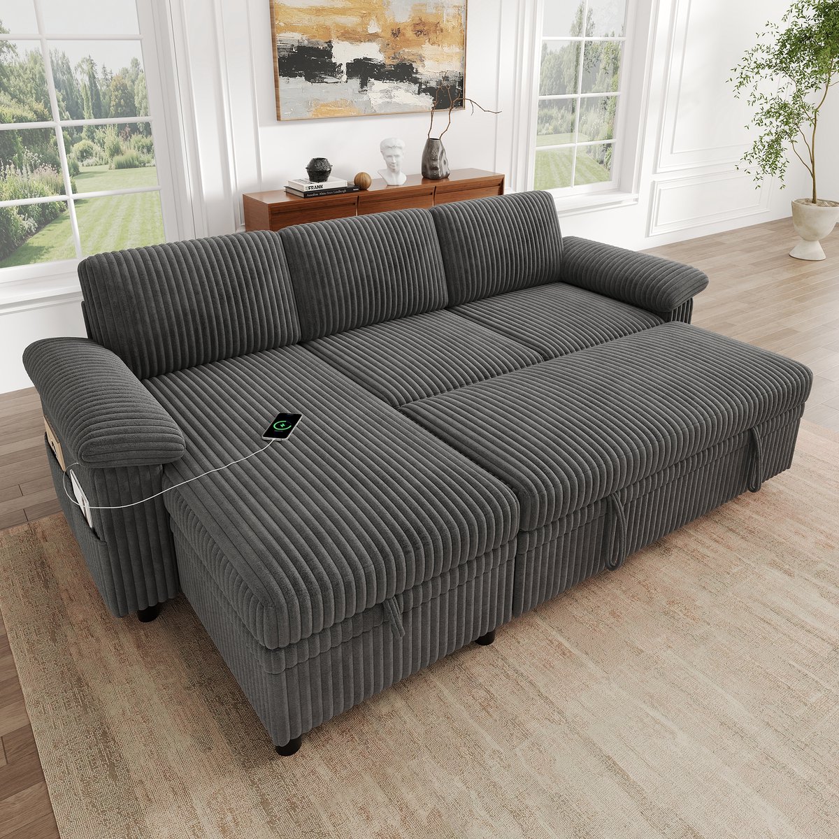 MIVRAY Hoekbank 212 x 150 x 89 cm - Slaapfunctie Met Opbergruimte En Verstelbare Rugleuning - Voor Woonkamer - Corduroy - Grijs