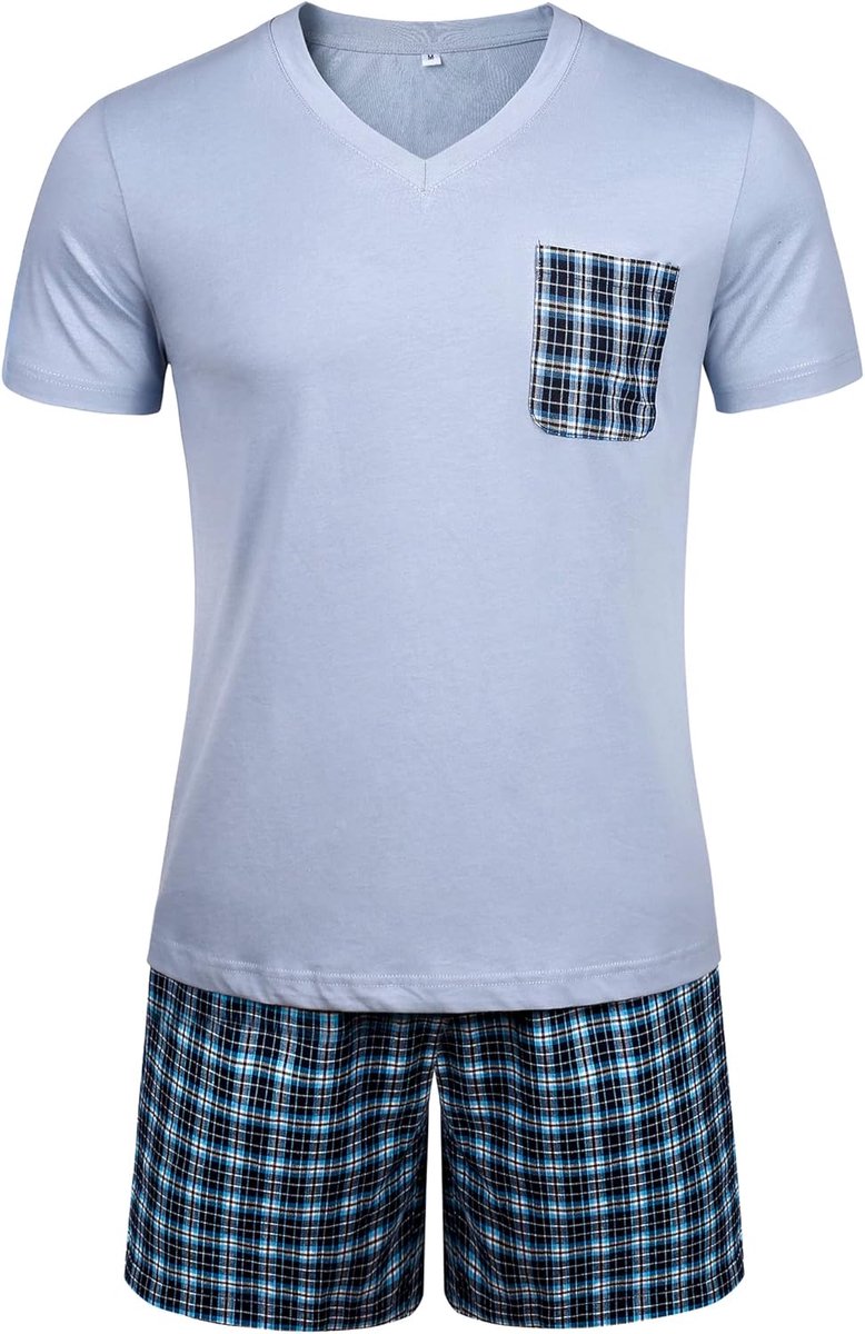 Korte pyjama, 100% katoen, korte mouwen, nachtkleding, shorty pyjama, nachthemd, set met geruite broek