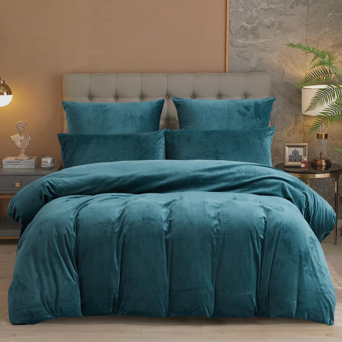 Winterbeddengoed, 155 x 220 cm, turquoise-petrol, voelt aan als kasjmier, warme, pluche beddengoedset, 3-delig: 1 dekbedovertrek van 155 x 220 cm met ritssluiting en 2 kussenslopen van 80 x 80
