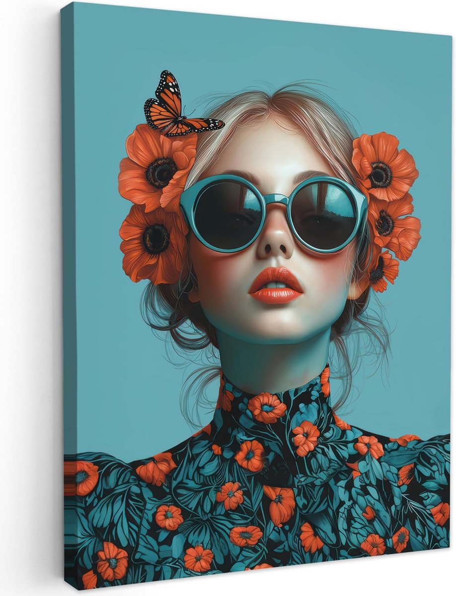 Tuin 50x70 cm Tuinposter Schilderij Voor Buiten Decoratie Tuindecoratie Garden Balkon Poster Terras Posters Wanddecoratie Vrouw - Blauw - Vlinder - Bloemen - Aesthetic