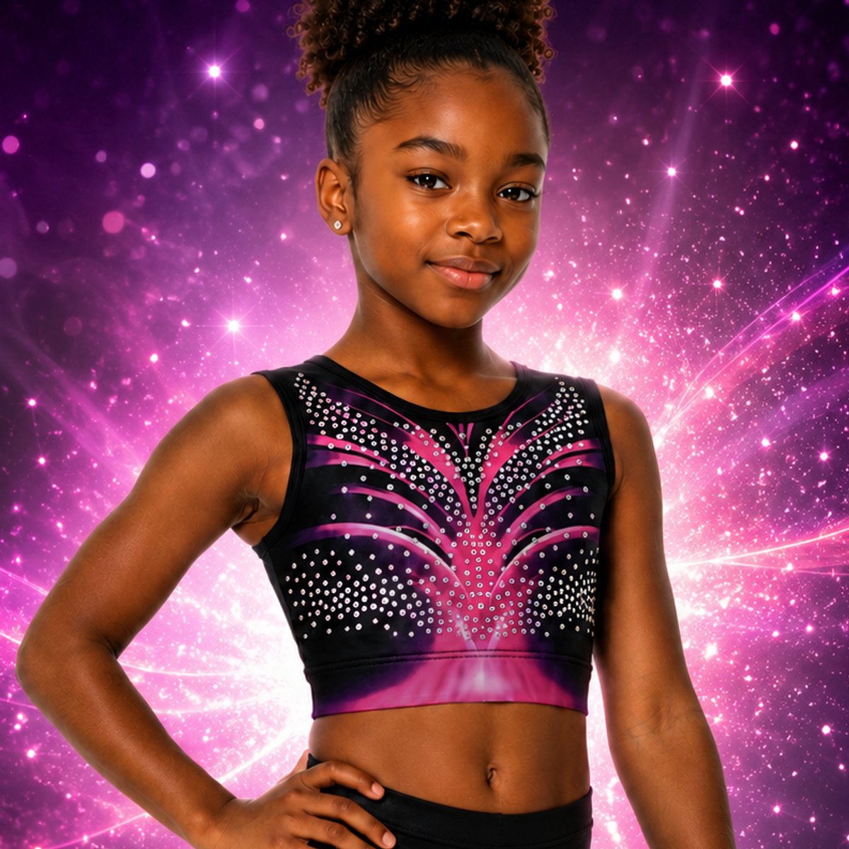Fairysports Turntopje Grace Roze topje maat 140-146 meisjes gympakje met gekleurde steentjes