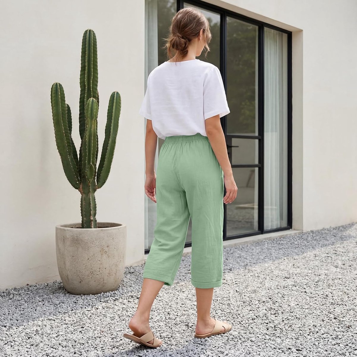 3/4 broek dames zomer capribroek dames zomer lichte mousseline strand capribroek elastische tailleband met trekkoord mousseline broek 3/4 linnen broek met zakken