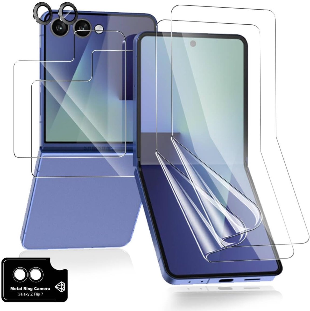 TPU beschermfolie voor Samsung Galaxy Z Flip 7 gepantserd glas [2 stuks] en buitenste scherm pantser beschermglas [2 stuks] en camera bescherming [1 stuk], pantser film voor Galaxy Z Flip 7