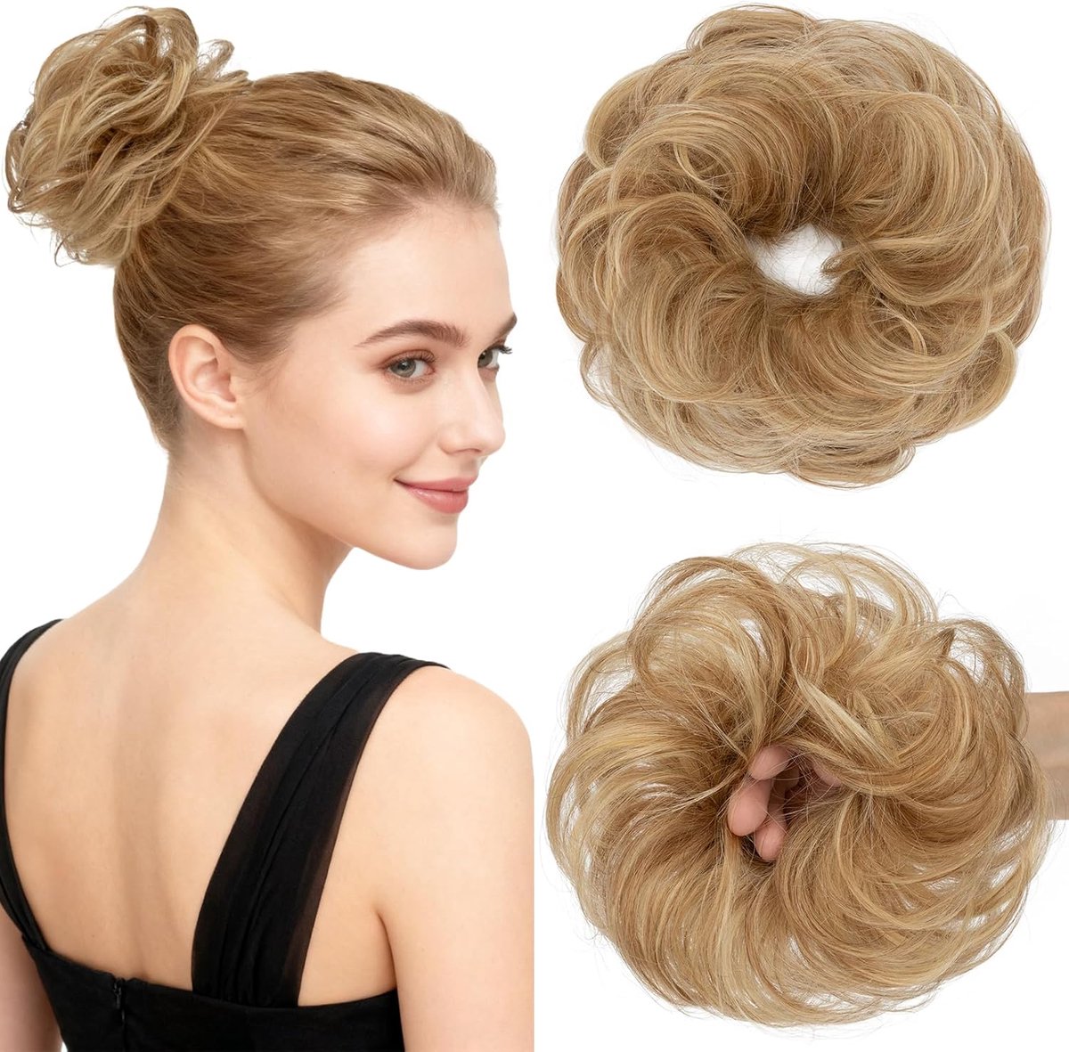 Chignon Postiche Echt Haar Krullen - Natuurlijk Gladde Haar Opsteekknot met Elastiek voor Vrouwen & Meisjes (23g, #6P613 Lichtbruin/Blond)