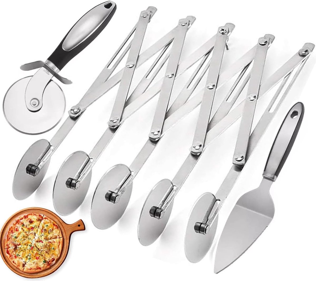 Pizzasnijder, deegsnijder, pizzasnijder, pizza-snijmes, verstelbare pizzasnijder, 5 wielen, roestvrij staal, deegverdeler voor pizza, cake, wafels, gebak en deegkoekjes