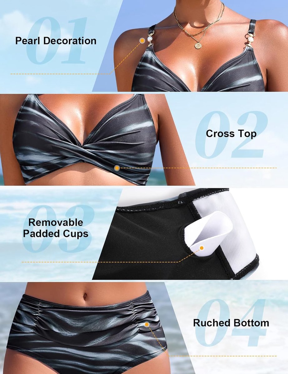 Badpak voor dames, sexy, hoge taille, tweedelig, met parels, V-hals, push-up bikini, gewatteerd, elegante beachwear, badmode voor strand en zwembad