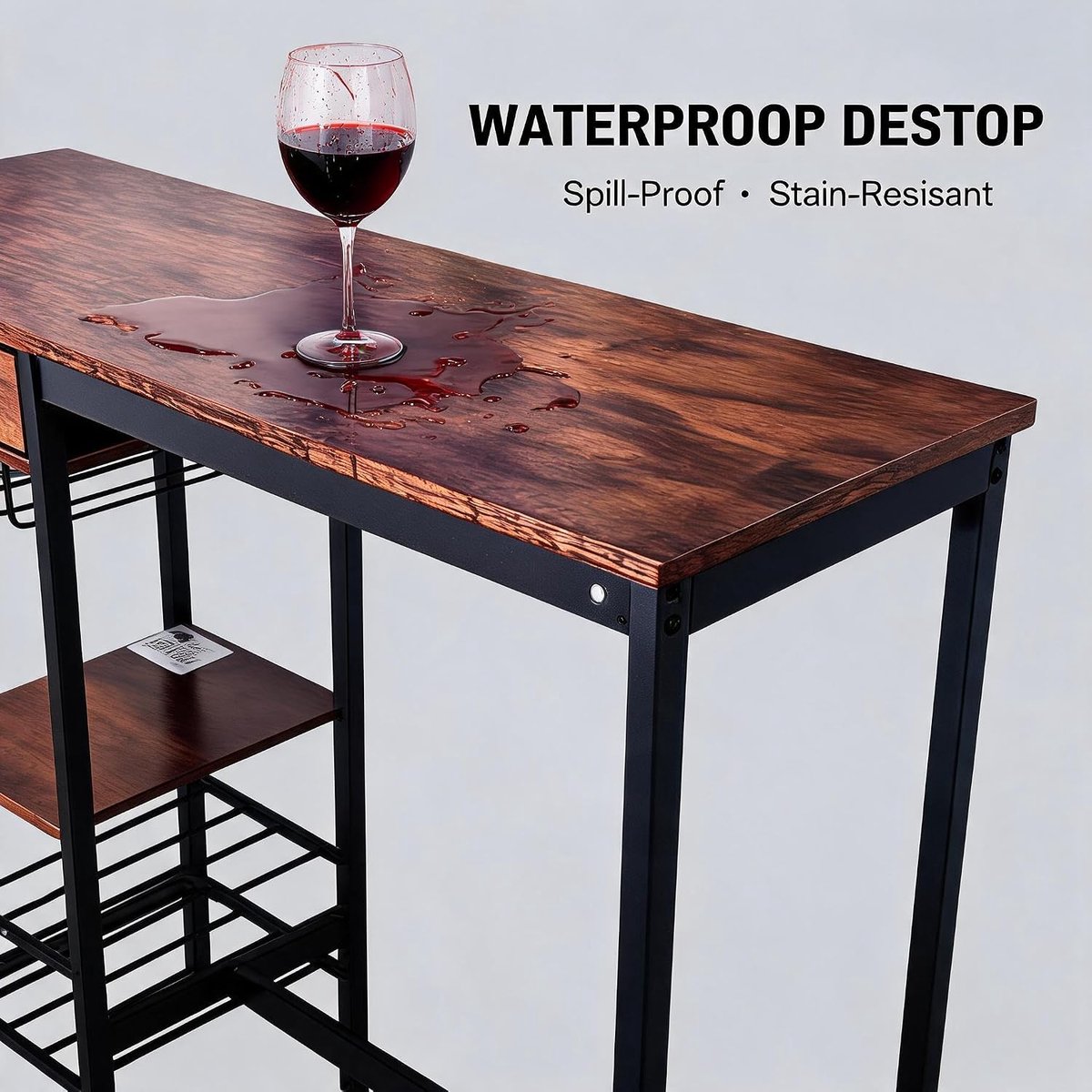 Hoge bartafel 100×40×90 cm, rechthoekig bruin eettafel, metaal‑hout, stoffen lade, houder voor wijnflessen & plank voor wijnglazen, voor keuken woonkamer eetkamer — cadeau in Cadeau-ideeën - foto 7