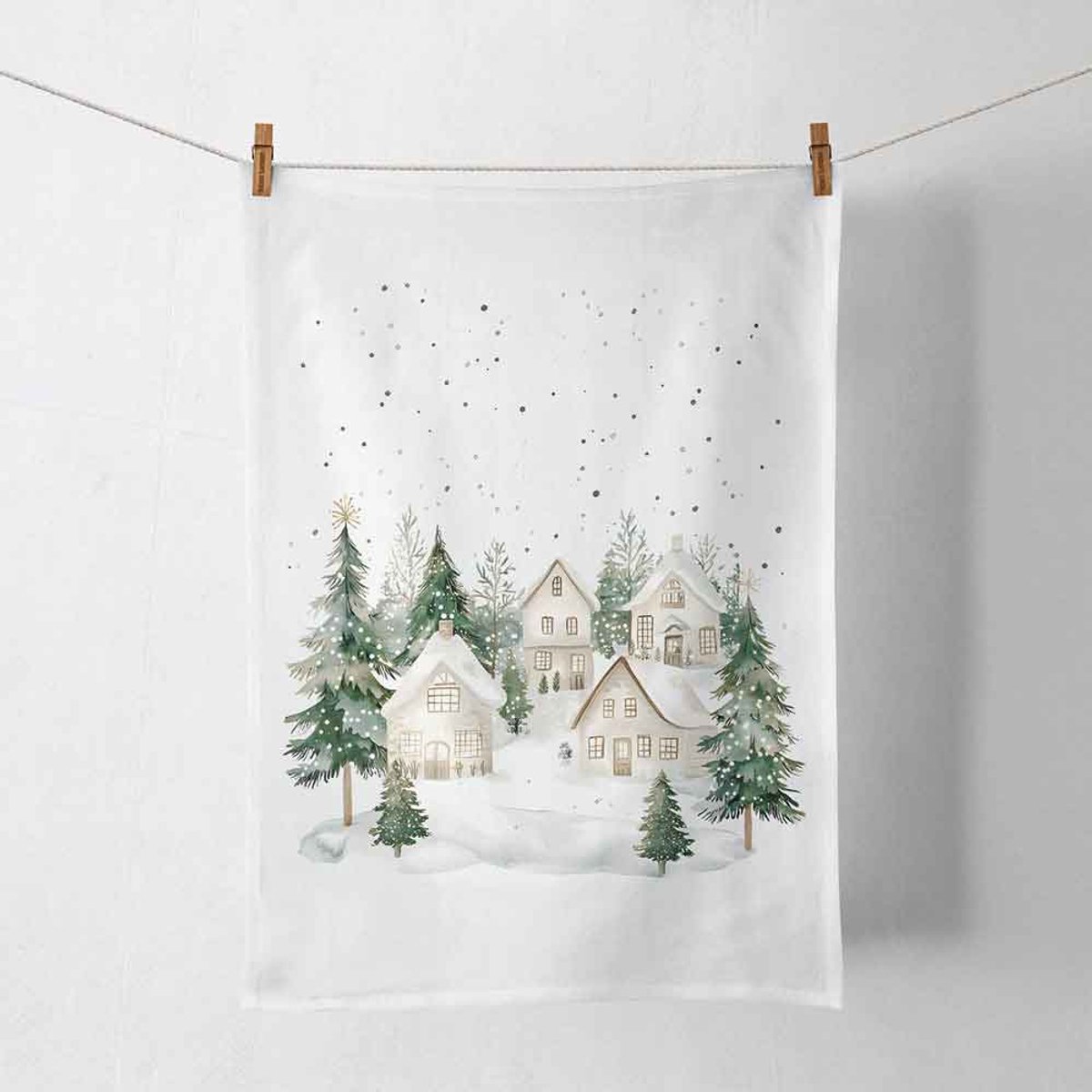 Theedoek Snowy houses - Ambiente - 50x70 cm - Winterlandschap - Kerst - Huizen