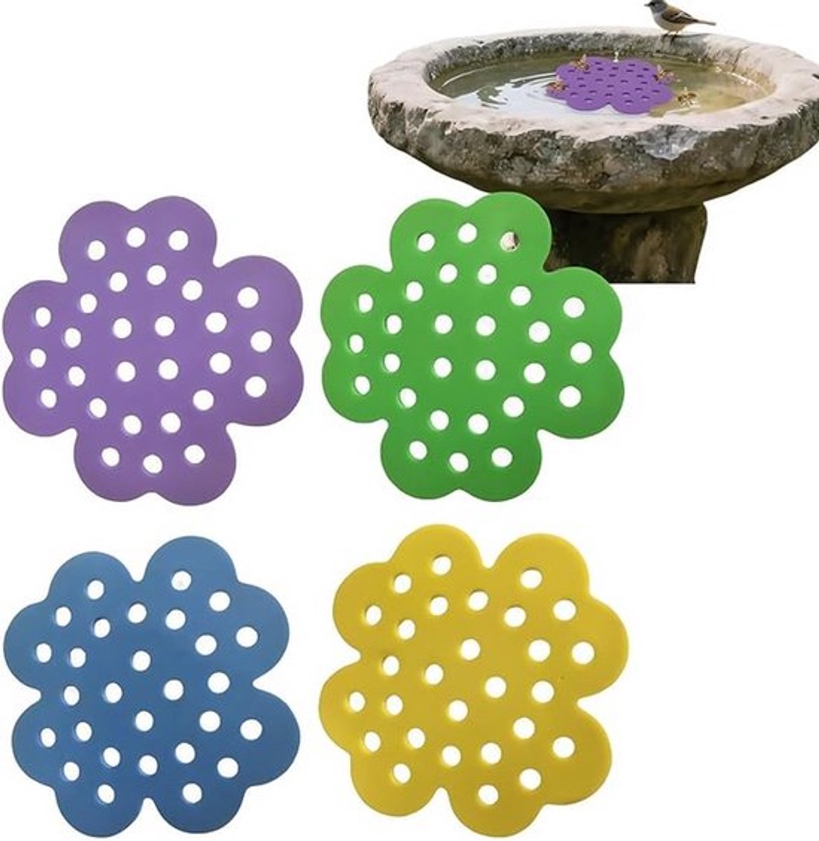 4 Stuks Drijvend Bijeneiland - Bijendrinkbak - Insectendrinkbak - 15.5 X 15.5 X 0.5 Cm - Bijenbad - Insectenbad Voor Buiten - Geschikt Voor Vijvers, Vogelbadjes, Waterbakken En Regenemmers - Bloemvorm - Geel, Groen, Blauw, Paars