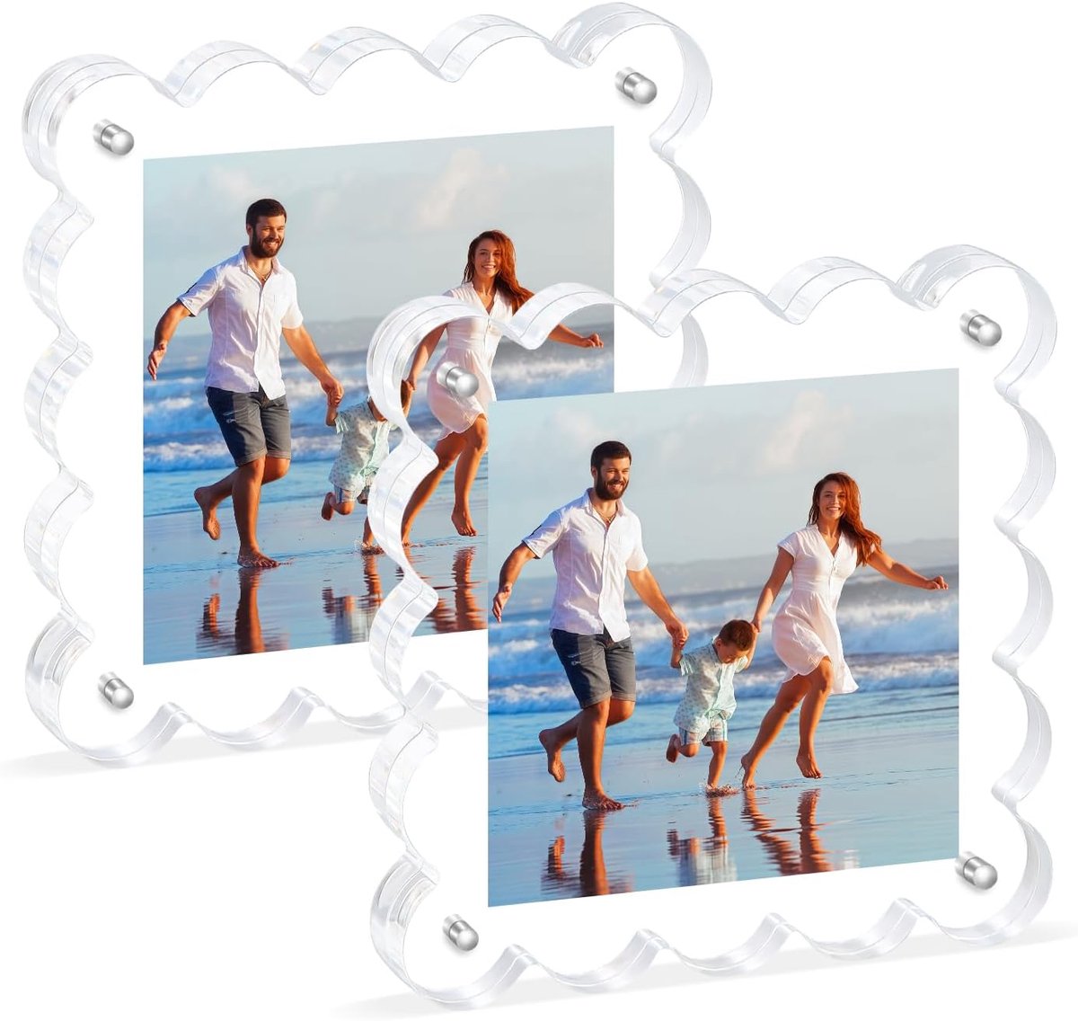 Acryl Lijstje Staand Display - Transparant fotolijsten - Golvende vorm Fotolijst - Magnetisch Wissellijst voor foto's Kindertekening - Een herinneringsfoto op het bureau neerzetten - Binnenpagina's 10,2 x 10,2 cm - Set van 2