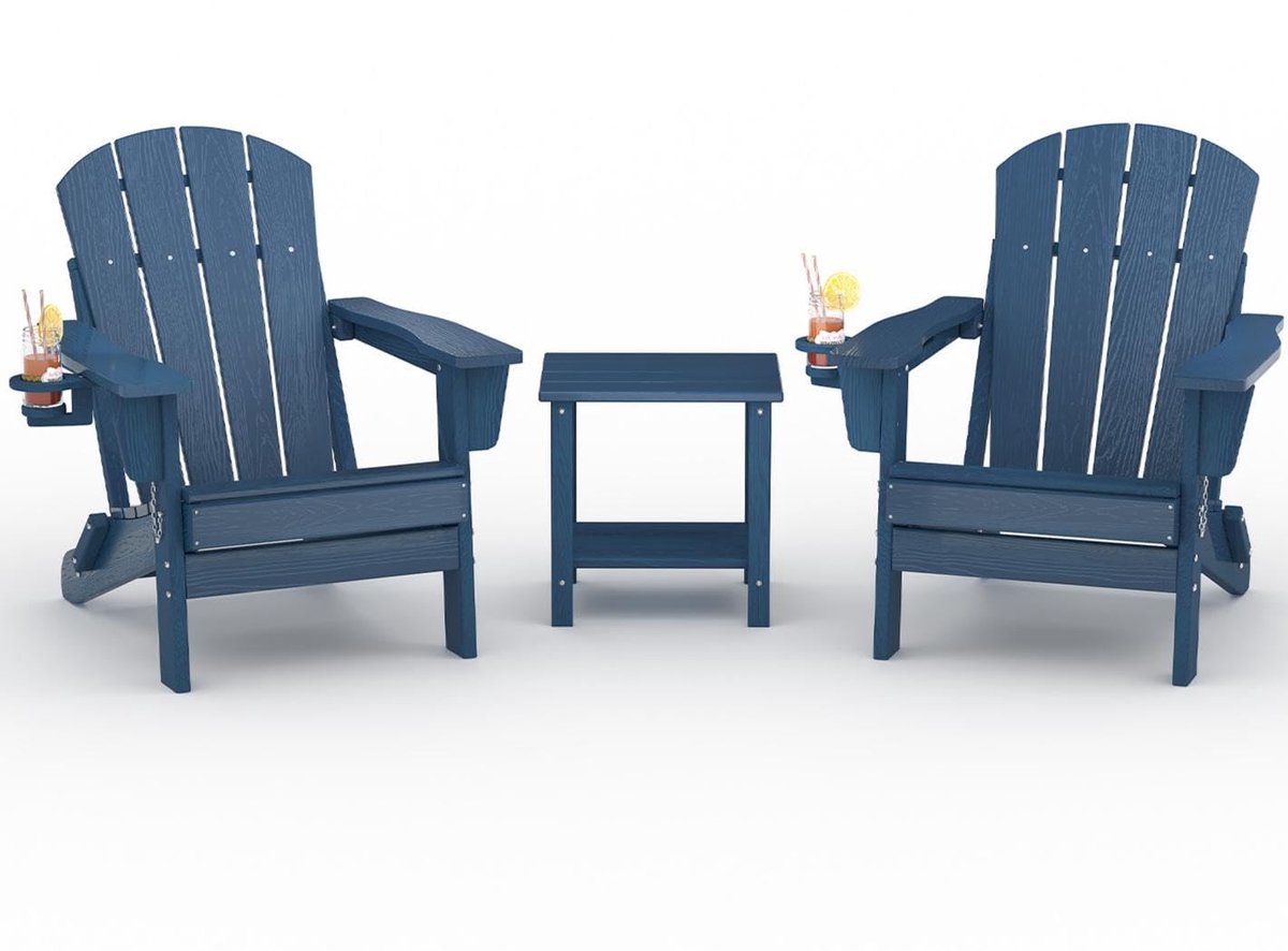 HDPE Adirondack Stoel 2 Stuks met Salontafel - Loungestoel Buiten met Bekerhouder - HDPE Tuinstoel - All Weather Weerbestendig - Voor Terras Balkon Tuin - Blauw