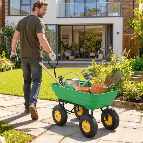 Tuinwagen, handwagen, kantelbaar, 75°, 75 l, max. 200 kg - 4 luchtwielen, PP-staal, geel-groen — afbeelding 4