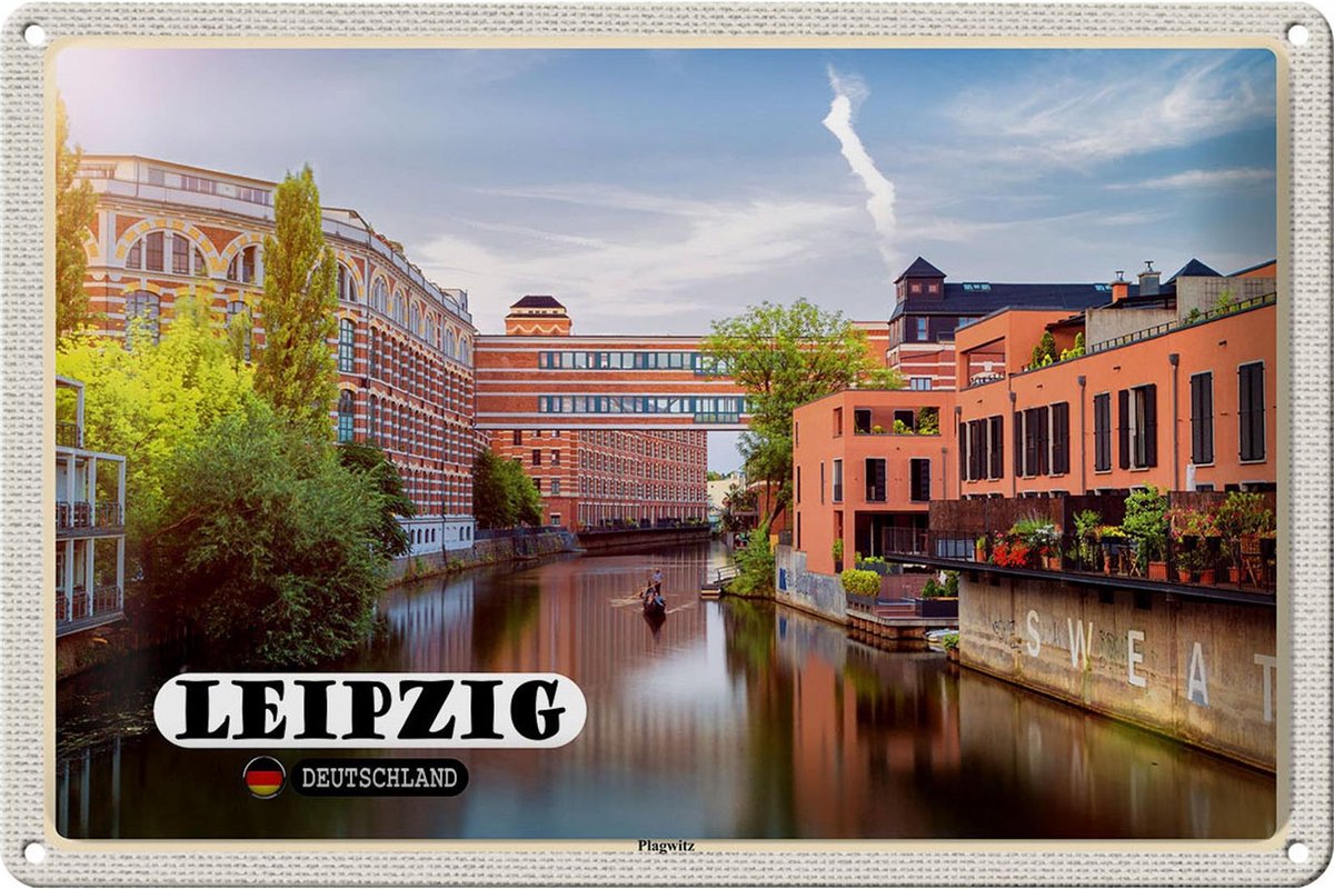 Blechschild Städte Leipzig Plagwitz Fluss Gebäude 30x20cm