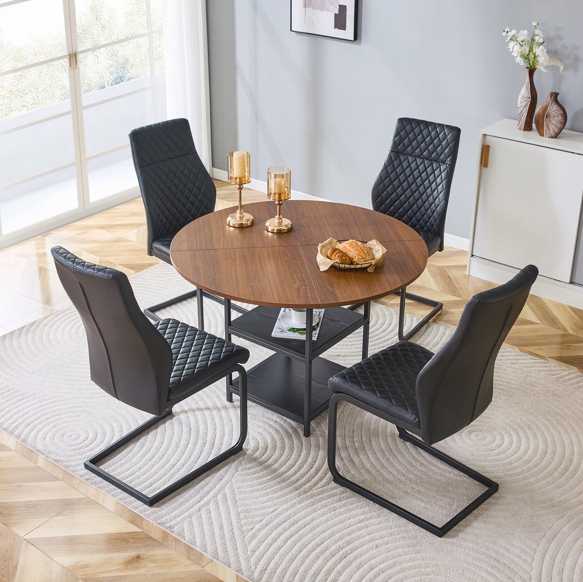 MODFU Set Tafel En Stoelen - Ronde Eettafel Met 4 Stoelen - Industrieel - Zwart Walnoot
