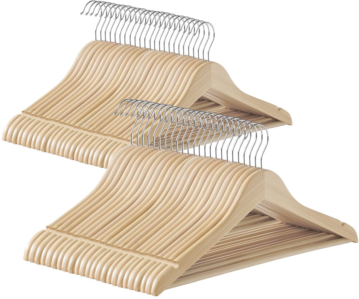 Houten kledinghangers – naturel beige – set van 48 met inkepingen
