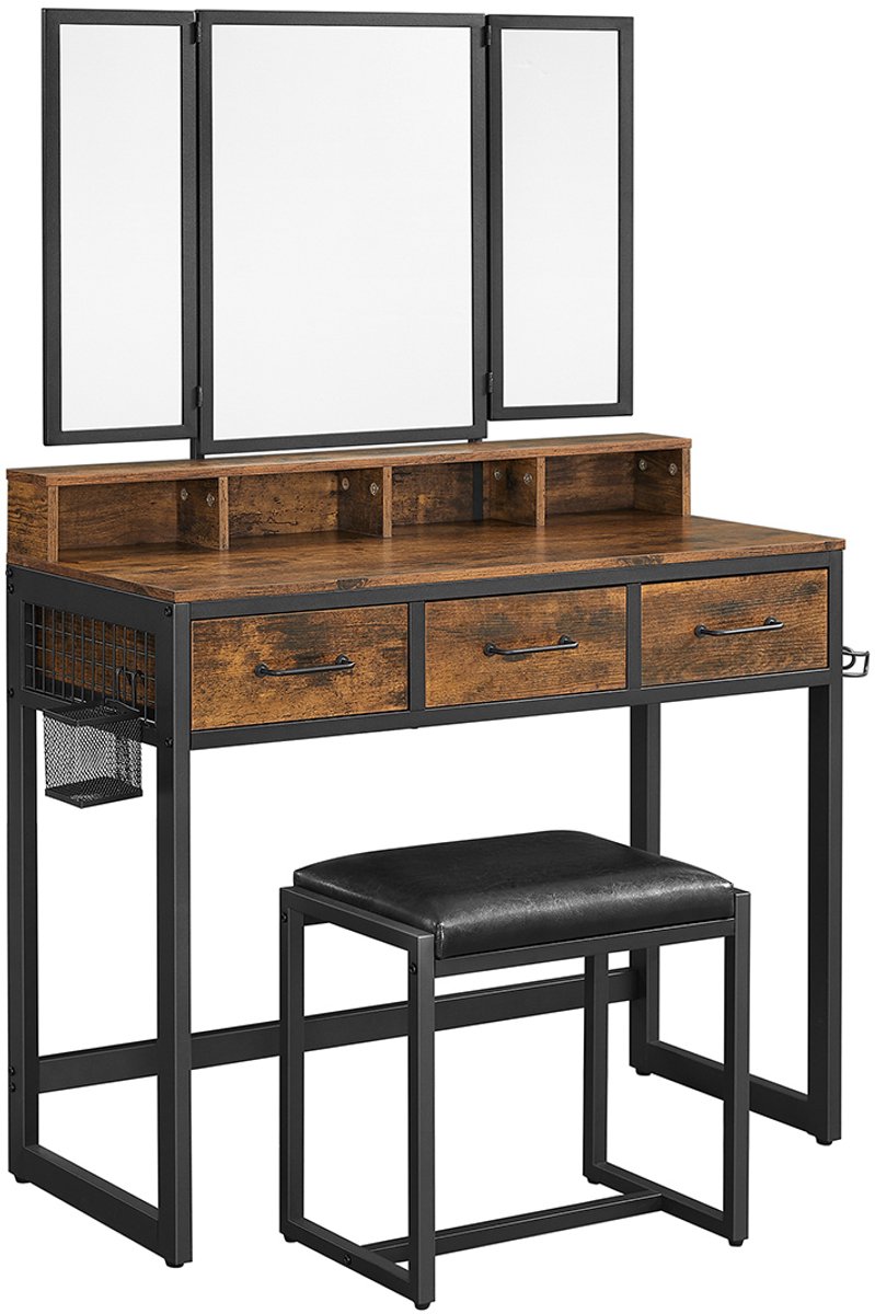 Kaptafel met driedelige inklapbare spiegel – Vintage Bruin-zwart