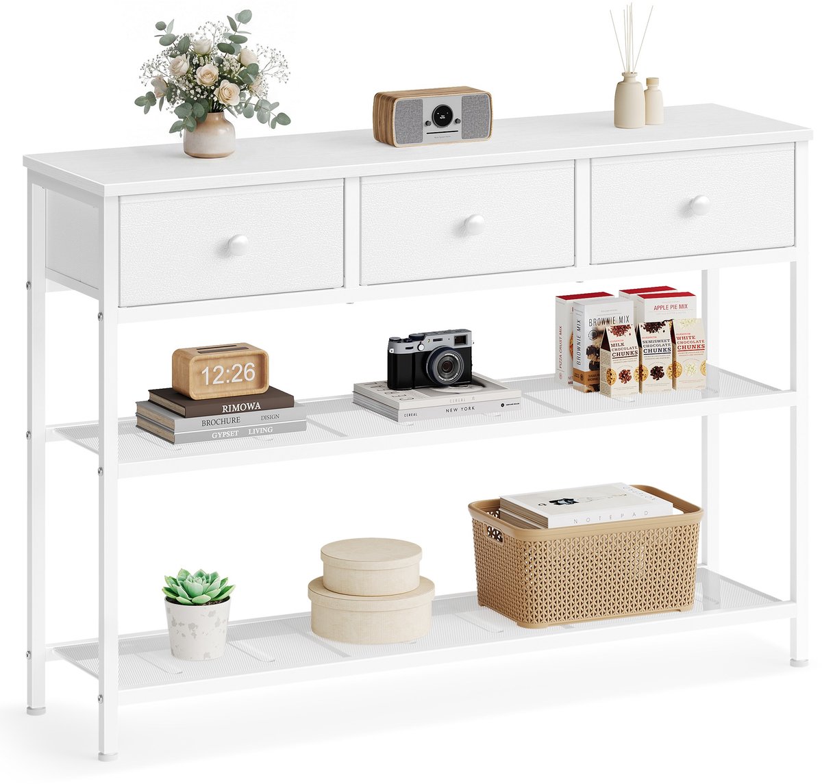 Consoletafel – wolkenwit/mistig wit – 98 – 8 x 30 x 78 – 7 cm – 3 lades – Wolkenwit En Mistwit
