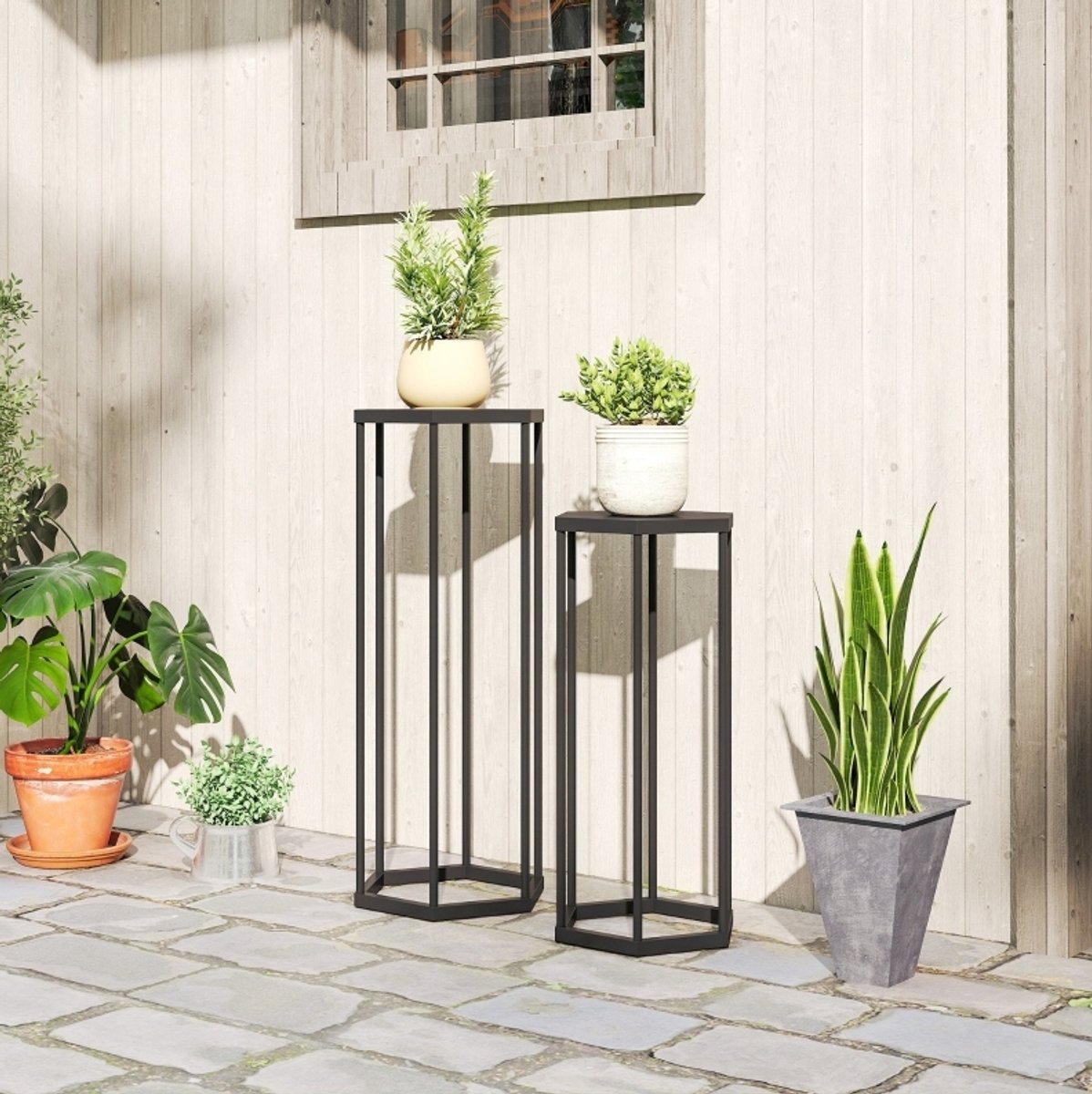 REDOM - Plantenstandaard - Hexagonale metalen structuur - Twee hoogtes - Voor binnen en buiten - Moderne stijl - Woonkamer, balkon, terras - Metaal - Zwart - 75 / 60 cm
