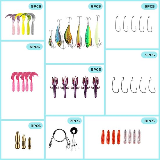 SnelShoppen - 101-delige Visserslokset - Mix van Spinners, Wormen, Lepels & Hard Bait - Universeel en Multi-Functioneel - Geschikt voor Zee- en Rivier van Snelshoppen — afbeelding 4