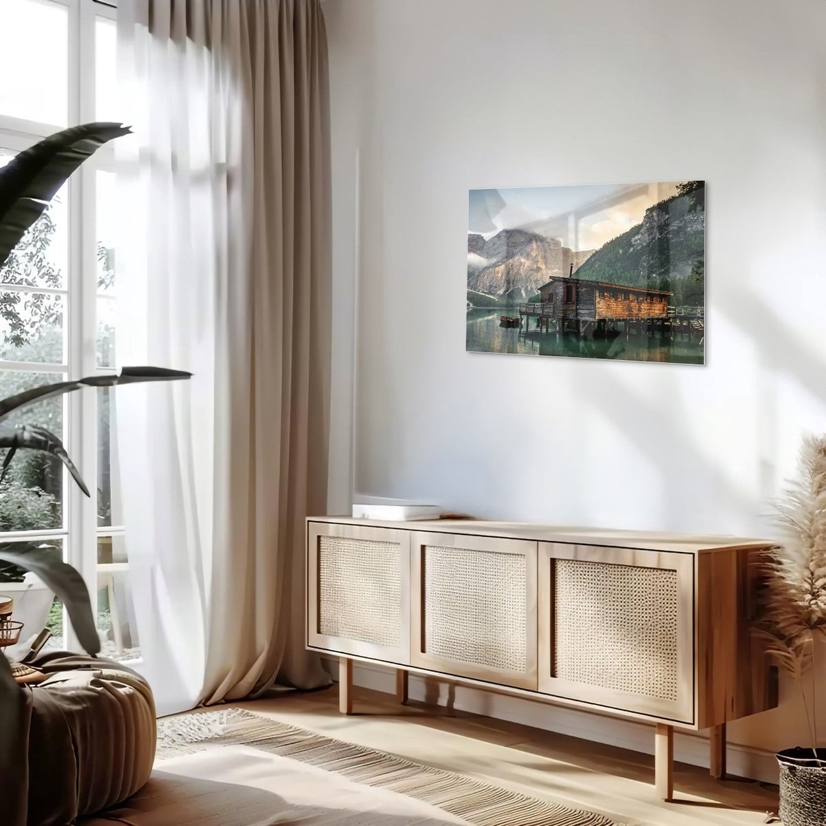 Mydesignglas Glazen Schilderij – Berglandschap met Meer en Houten Huis – Wanddecoratie op Gehard Glas – 80x60cm
