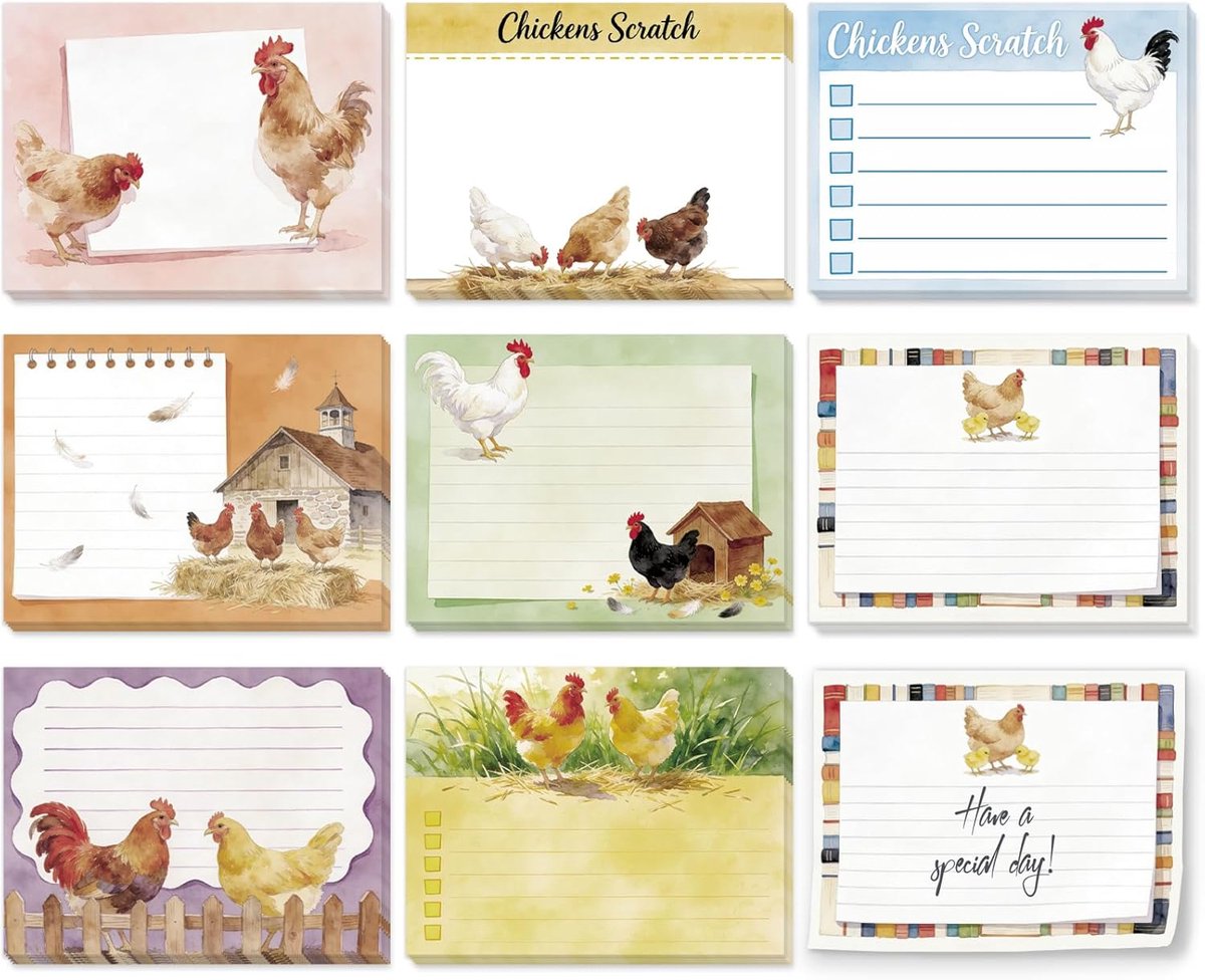 8 Pads 400 Vellen Boerderij Kippen Sticky Notes Set 10 x 7,6 cm Kip Haan Zelfklevende Memo Pads Post it Notes voor Journaling Kantoor Vergadering Planners Craft Liefhebbers
