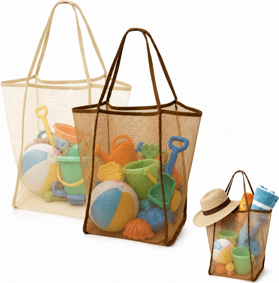 Strandtas net 34 x 31 x 24,5 cm - gebroken wit - robuust materiaal - ideale opbergtas voor speelgoed - ShopVlot