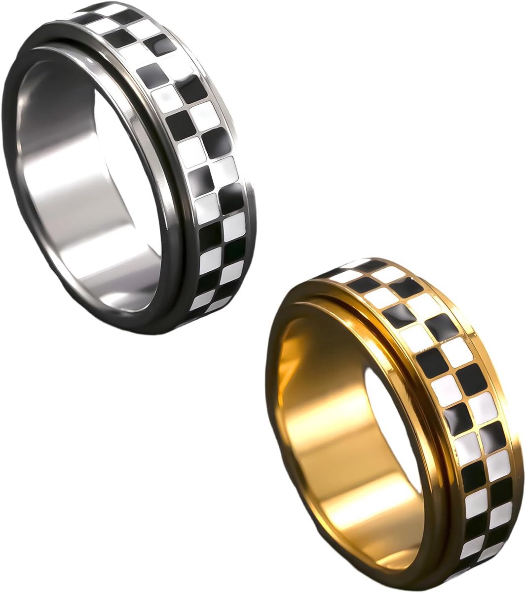 Ringen van roestvrij staal, draaibaar, geruit, zwart en wit, roterende ringen voor vrouwen en mannen (US 7, goud en zilver)