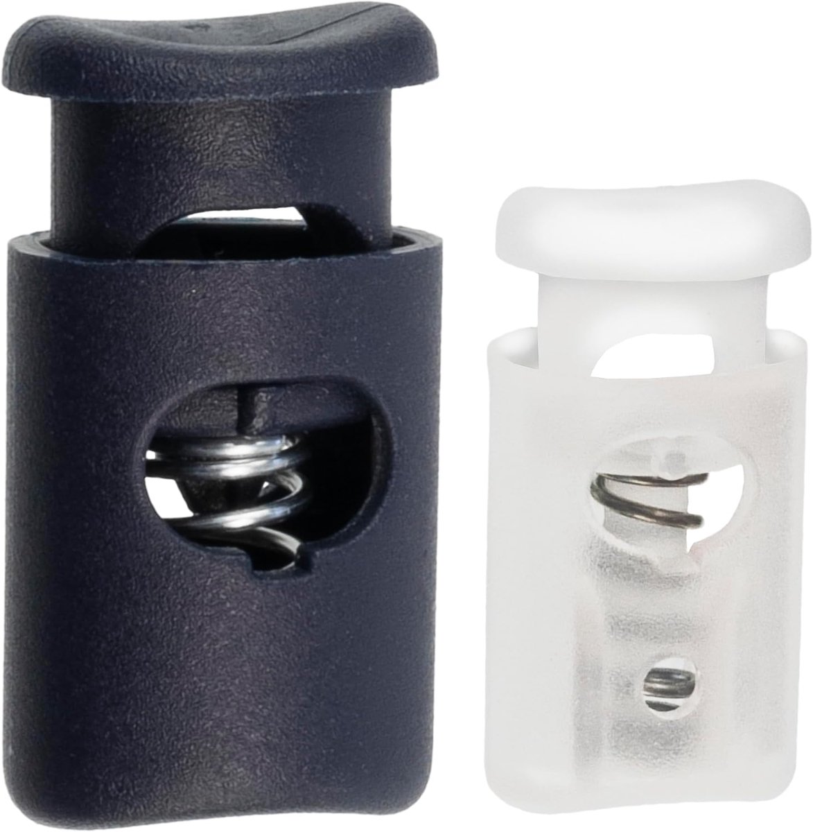 - Set van 12 koordstoppers met veer 14 mm en 10 mm met 1 gat - kleur donkerblauw en wit transparant - openingen 5 mm en 8 mm - van kunststof
