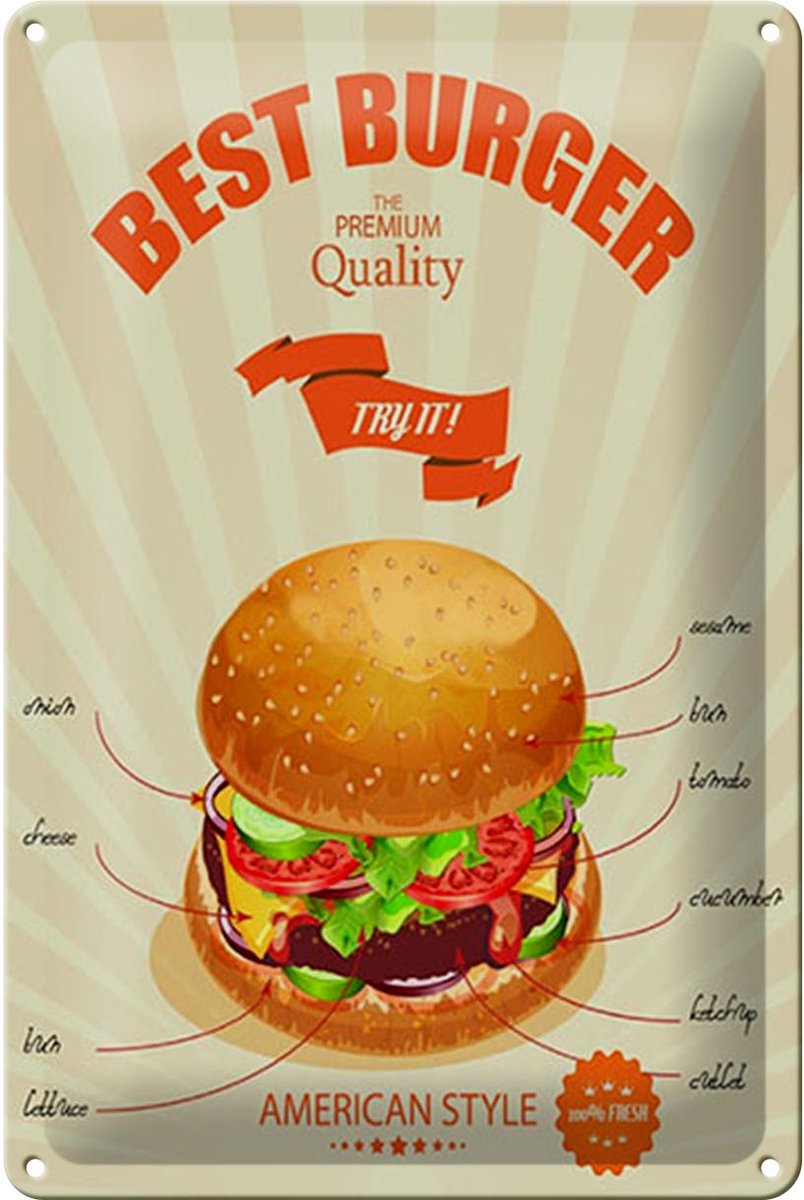 Blechschild Essen 20x30cm Best Burger american style