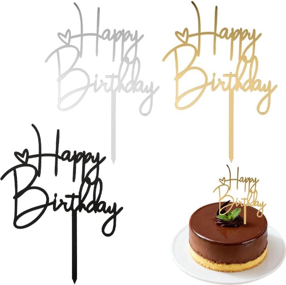 3 stuks acryl taarttoppers verjaardag, Happy Birthday taartdecoratie, herbruikbare taartdecoratie voor meisjes, jongens, vrouwen, mannen, feestdecoratie
