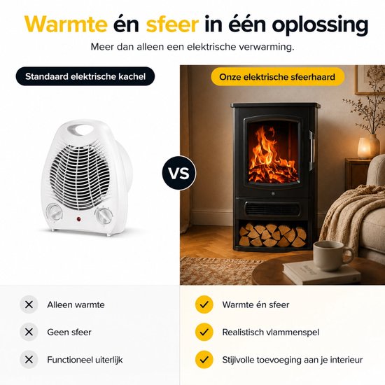 Vergelijking: standaard elektrische kachel versus zwarte elektrische sfeerhaard.