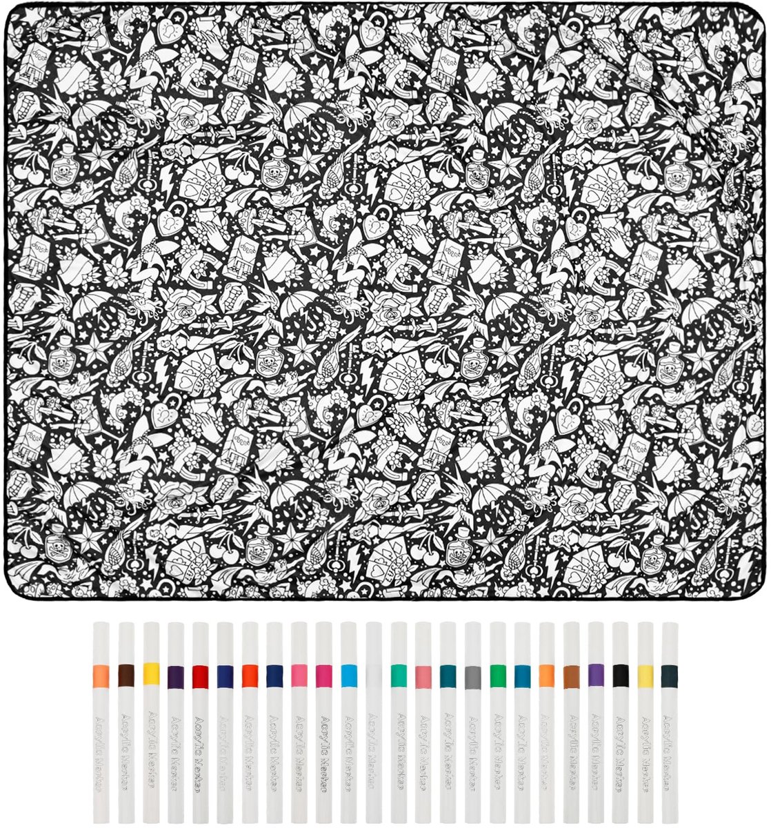 SnelShoppen - Doe-het-zelf Kleurdeken 156 x 125 cm, Herbruikbare Schilderdeken met 24 Kleurige Penselen, Wasbare Fluwelen Kleurset voor Kinderen en Vo