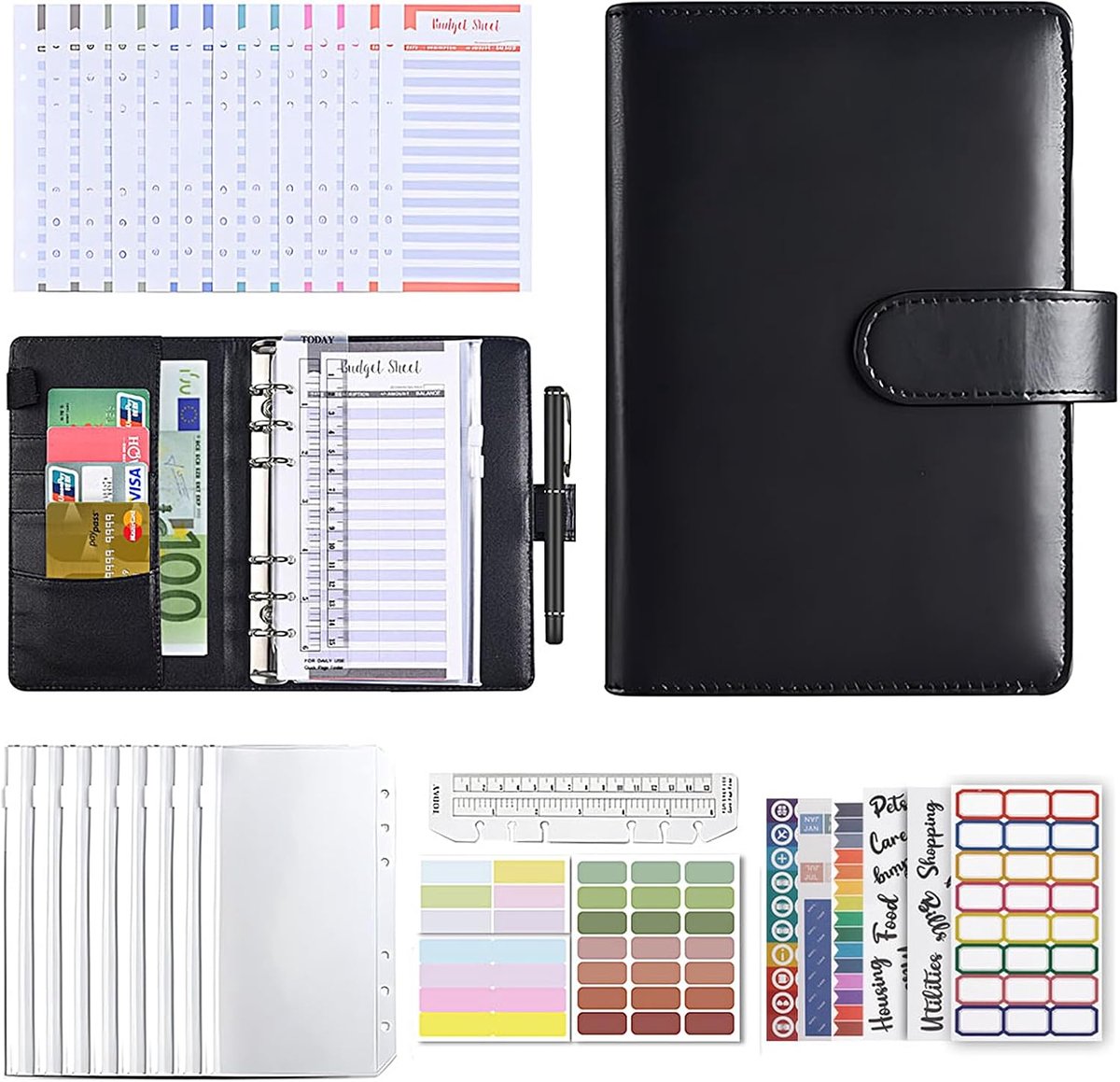 Budget Binder A6 - PU Leer - 8 Ritszakken - Eenvoudige financiële planning - SnelShoppen