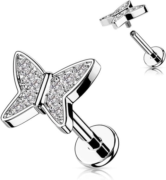 1 kraakbeen oorsteker, vlinder zilver, goud, roségoud, pavé zirkonia, Clear piercing-s chirurgisch staal, schroefsluiting, staafje, 6/8 mm lang, 6 mm, Roestvrij staal — afbeelding 5