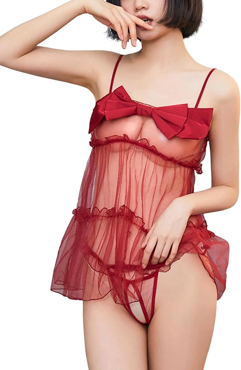 babydoll voor dames, sensuele ondeugende lingerie, hete kant, mini-jurk, transparant, rugvrij, babydoll, nachthemd, vlinderdas, satijn, nachtjurk, grote maat, feest, huwelijksreis, zwart/wit/rood