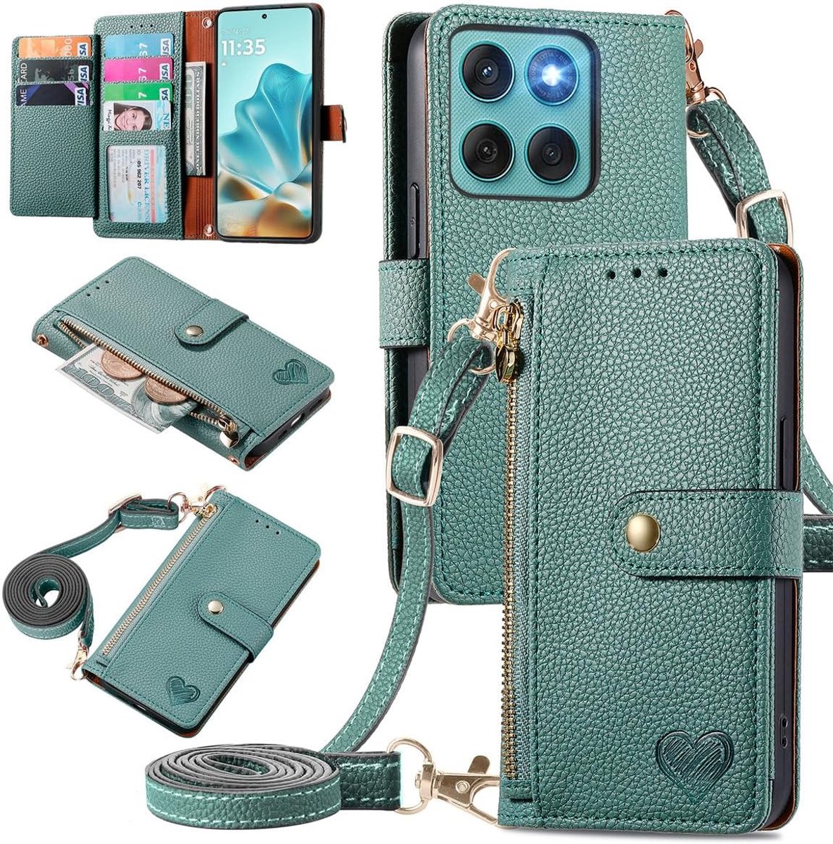 Flip Hoesje Voor Motorola Edge 60 Fusion/Edge 60, Leren Rits Flip Portemonnee Hoesje [met Schouderriem], Multifunctionele Kaarthouder en Anti-val Telefoonbescherming. Green