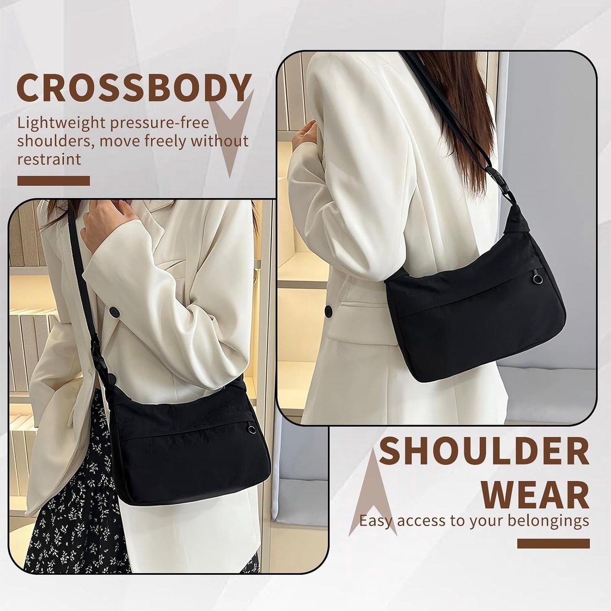 Crossbody Tas Dames, Messenger Bags Reisschoudertas, Reisschoudertas met Meerdere Vakken, Met Verstelbare Schouderband, Grote Capaciteit, Schoudertas Geschikt voor Reizen (Zwart)