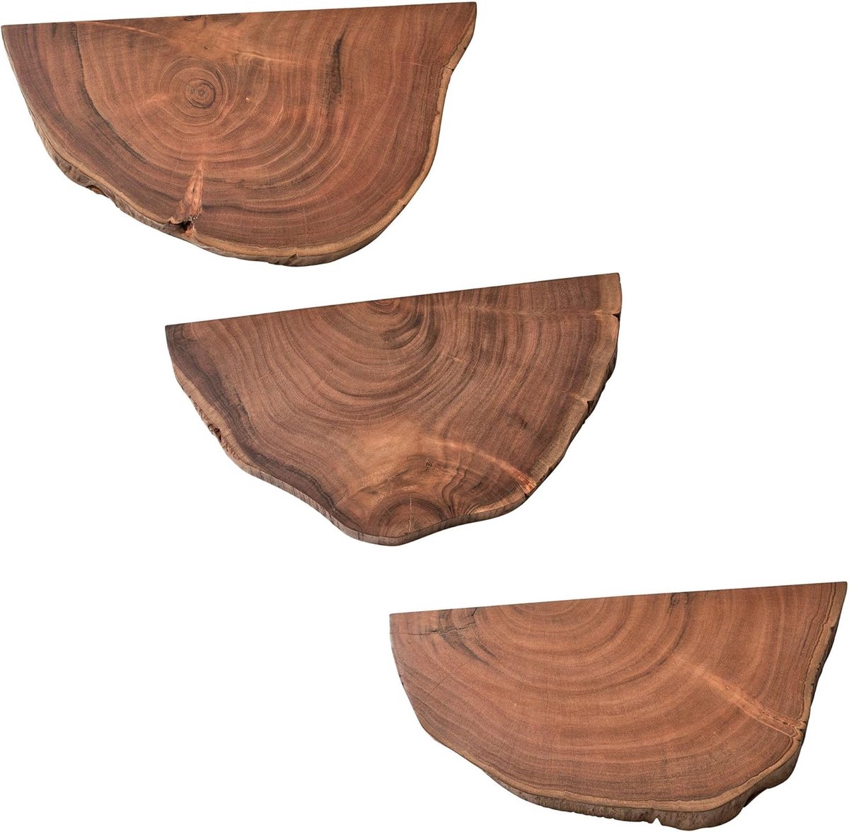 Wandrek Set van 3 Massief Acaciahout, Boomschijven | zwevende planken met natuurlijk rand, als plantentrap voor aan de muur te gebruiken, handgemaakte unieke exemplaren