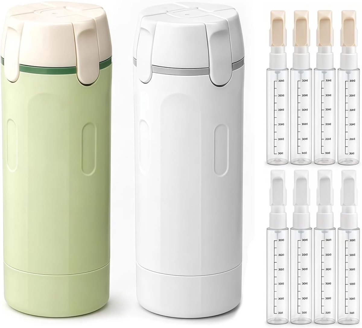 4-in-1 reisdispenser set, 2 stuks (groen en wit)