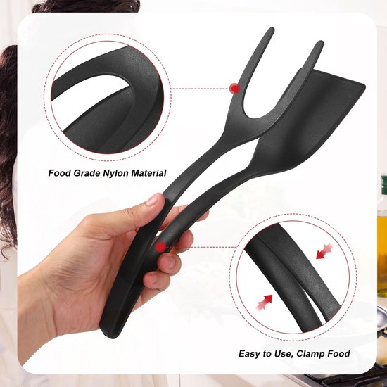 2 in 1 Eierspatel, Antiaanbaklaag Nylon Gebakken Eierdraaiers 2 in 1 Spatel en Tang voor koken Omklapbare Spateltang Grillklemflipper 2 in 1 Schep Keukengereedschap voor Toast Taart (Zwart) — afbeelding 3