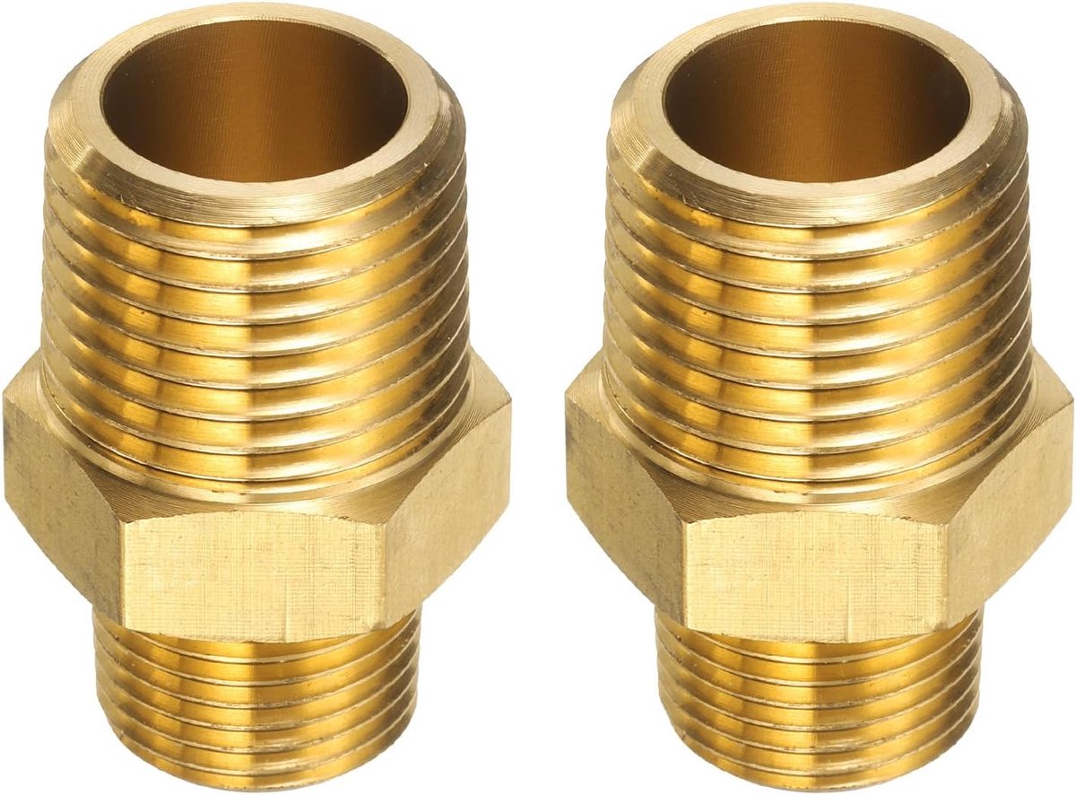2 stuks messing buisfitting 1/2" NPT x 3/8" NPT mannelijk messing zeskantnippel buisverlengingsadapter buisnippelconnector voor douche, olie, waterleiding