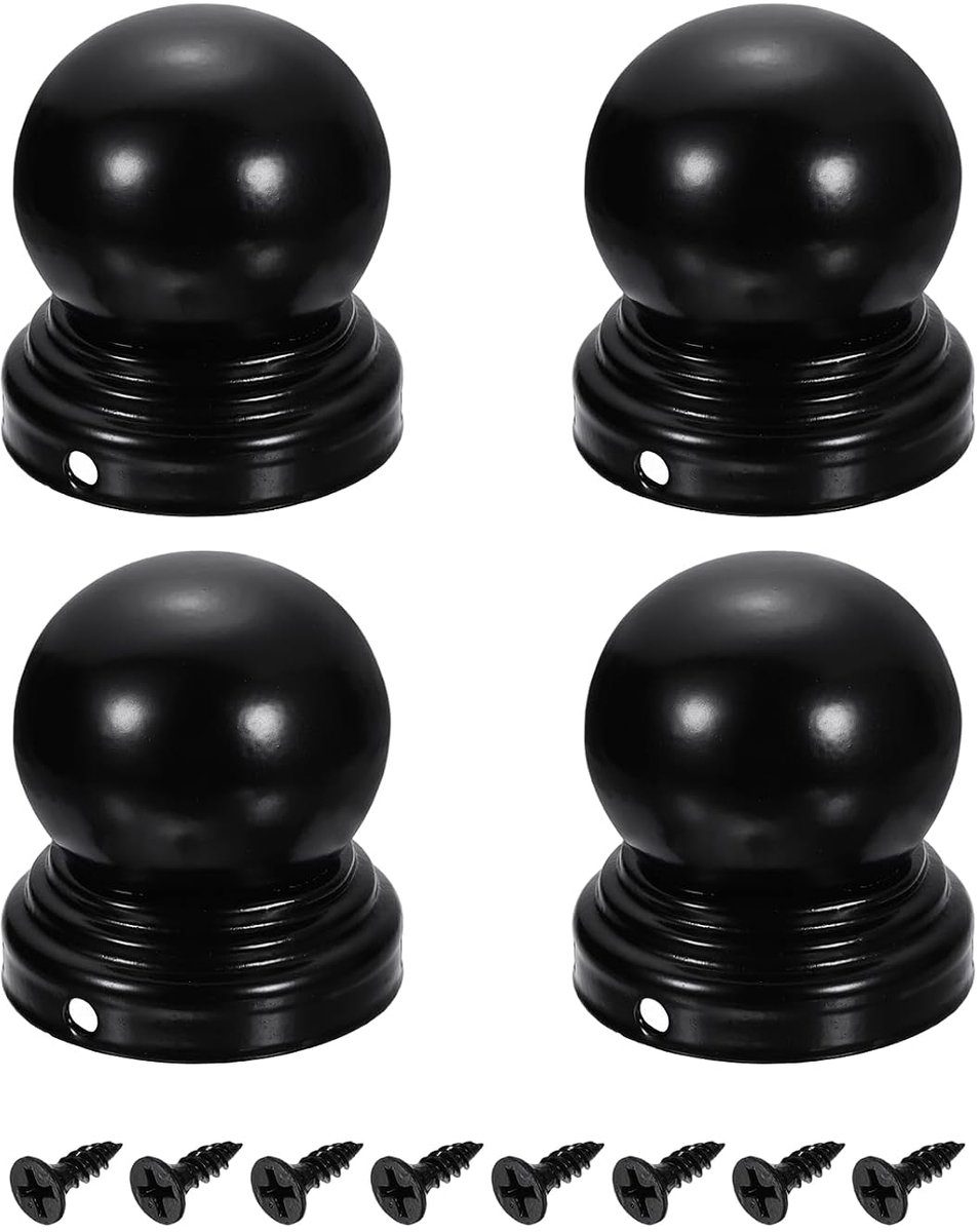 4 stuks hekpaaldoppen, 50 mm, ronde waterdichte kogelbovenkant, ijzeren paaldoppen met schroeven, voor buiten, metaal, hout, hek, dek, brievenbus, terras, zwart