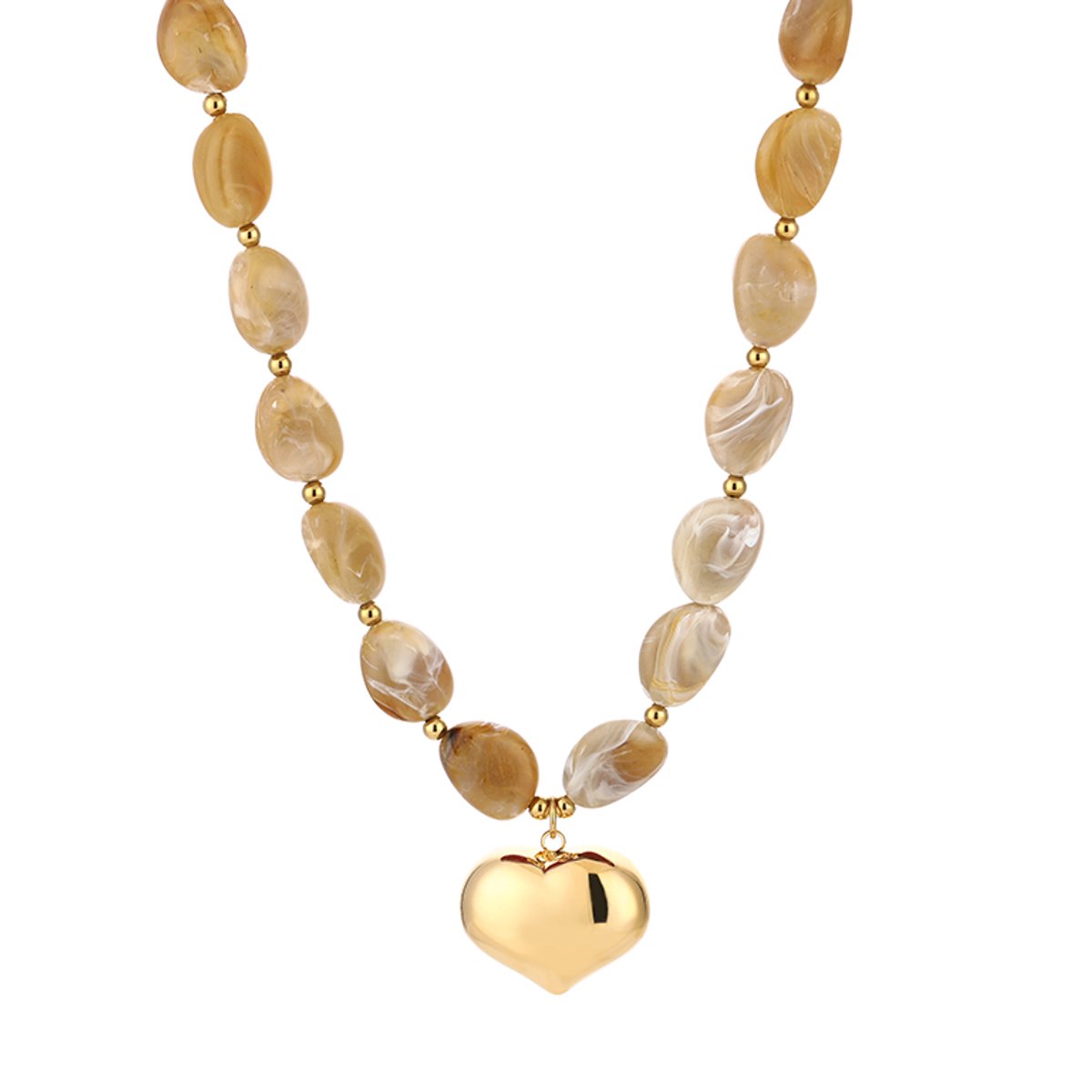 Gevormde Kralenketting met Hart Hanger – Kralen Ketting met Hart – RVS - Beige